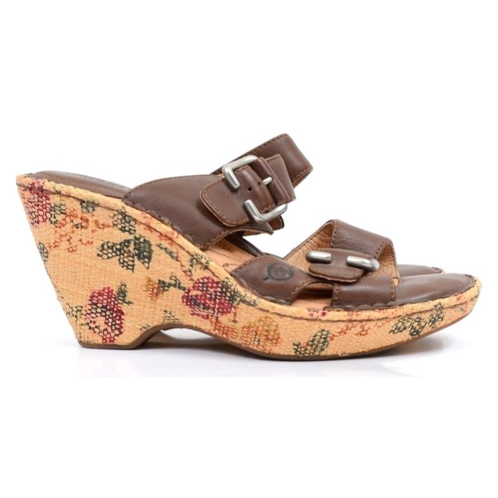 BORN Women's 8M‎ Floral Brown Leather Chunky Buckles Slip-on Slide Wedge Sandal
